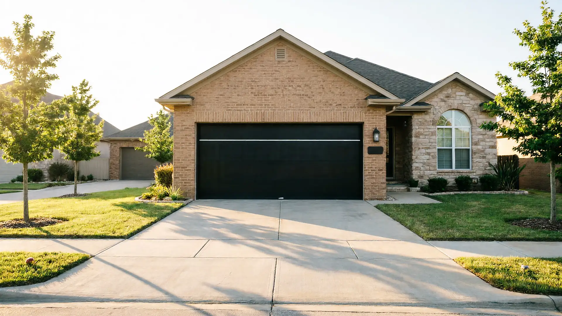 A brick house has a black garage door with a single horizontal white stripe.