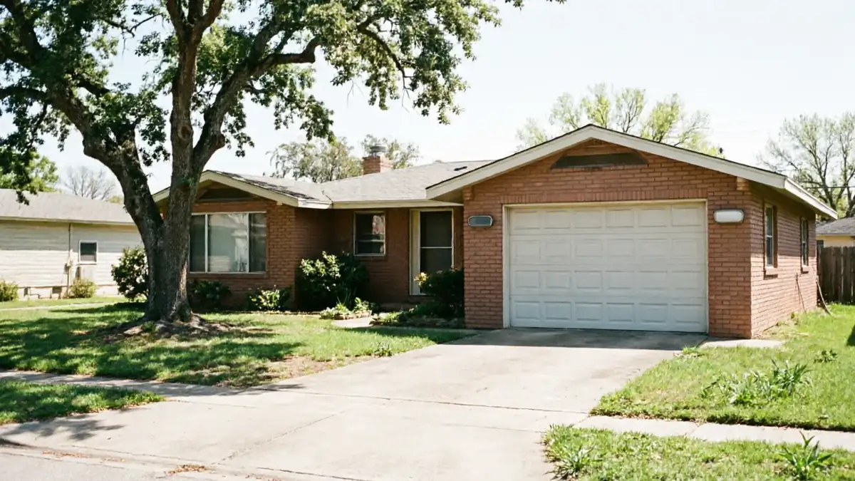 A single-story brick house has a white garage door and a large tree in the front yard.