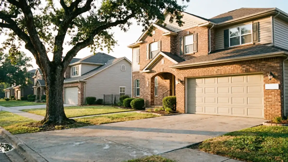 A two-story brick house with a tan garage door sits on a suburban street.
