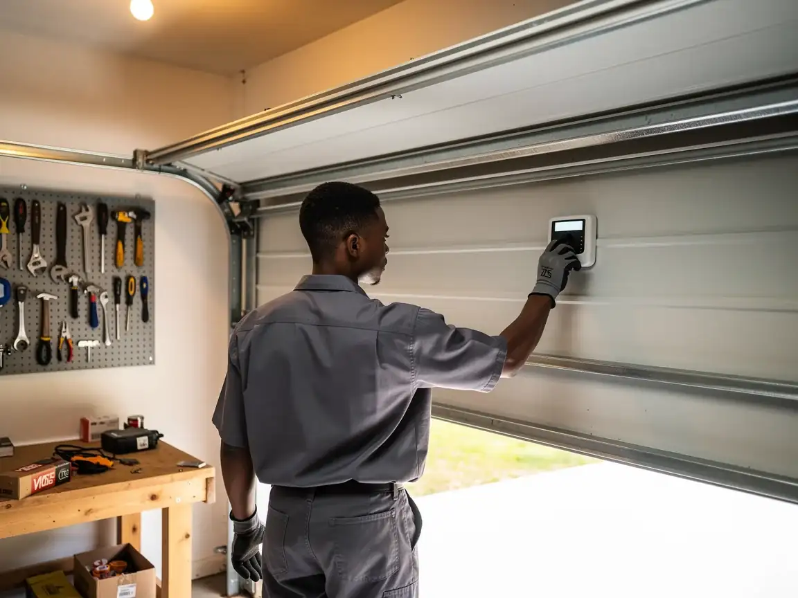 A technician in a gray uniform adjusts a white control panel on a garage door.