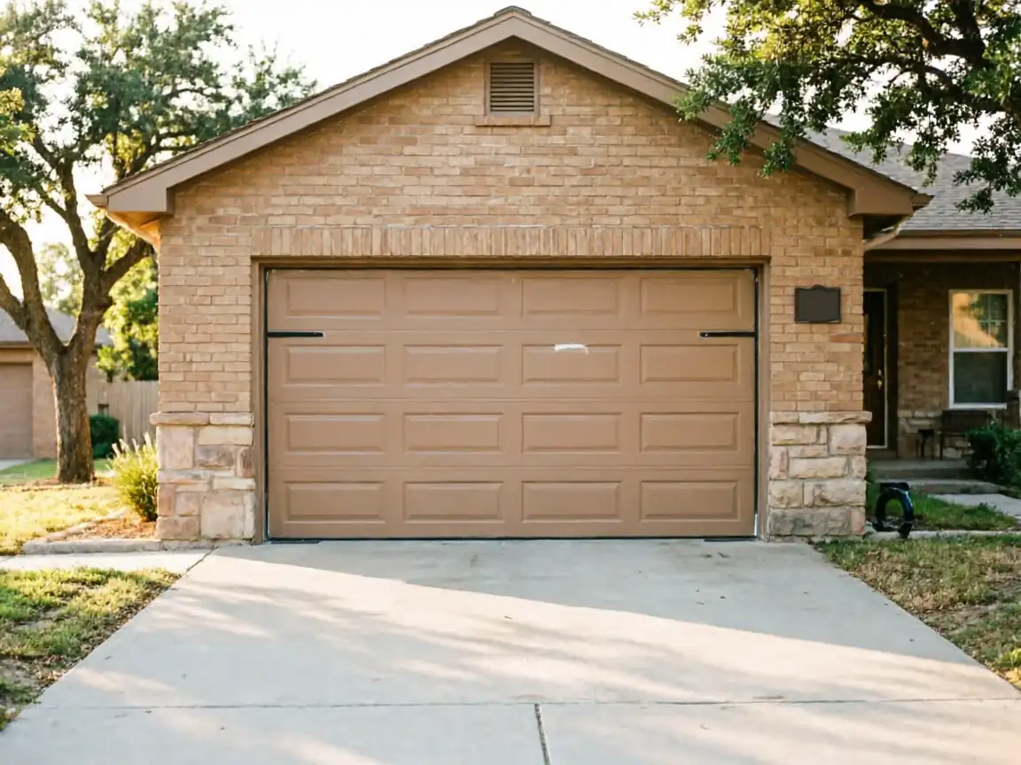 A brown paneled garage door is on a brick house with stone accents.