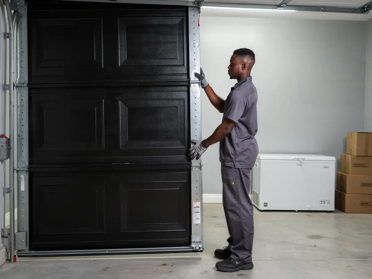 A technician in a gray uniform is adjusting a black garage door.